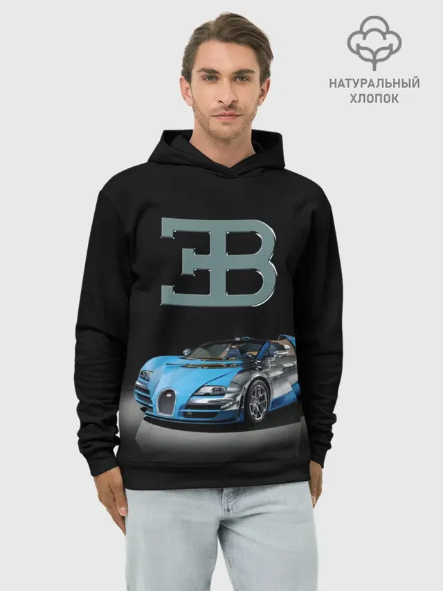 Худи мужской базовый хлопок с принтом «Разные автомобильные — Bugatti»