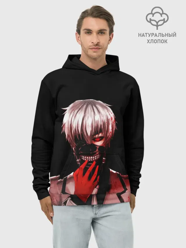 Худи мужской базовый хлопок с принтом «Токийский Гуль — Ken Kaneki в крови»