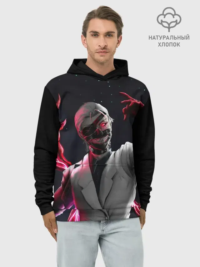 Худи мужской базовый хлопок с принтом «Токийский Гуль — Ken Kaneki машет рукой»