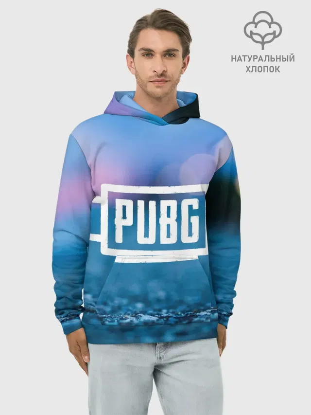 Худи мужской базовый хлопок с принтом «ПАБГ — PUBG light blue»