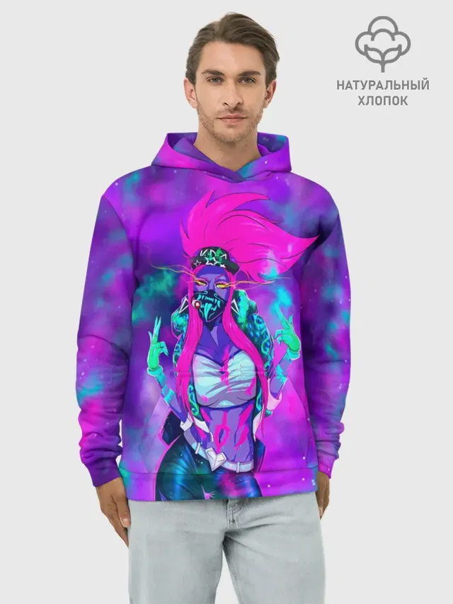 Худи мужской базовый хлопок с принтом «Neon — Akali. KDA»
