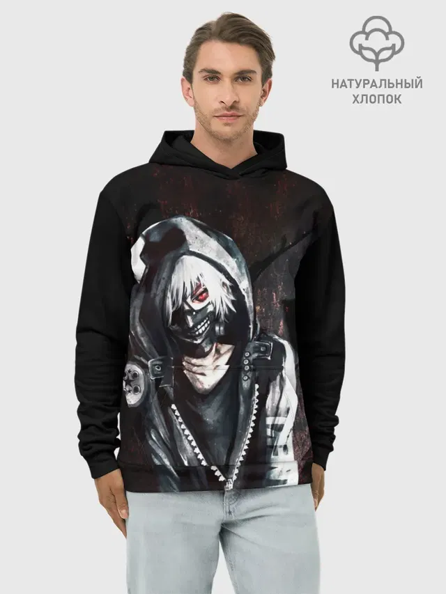 Худи мужской базовый хлопок с принтом «Токийский Гуль — Ken Kaneki в капюшоне»