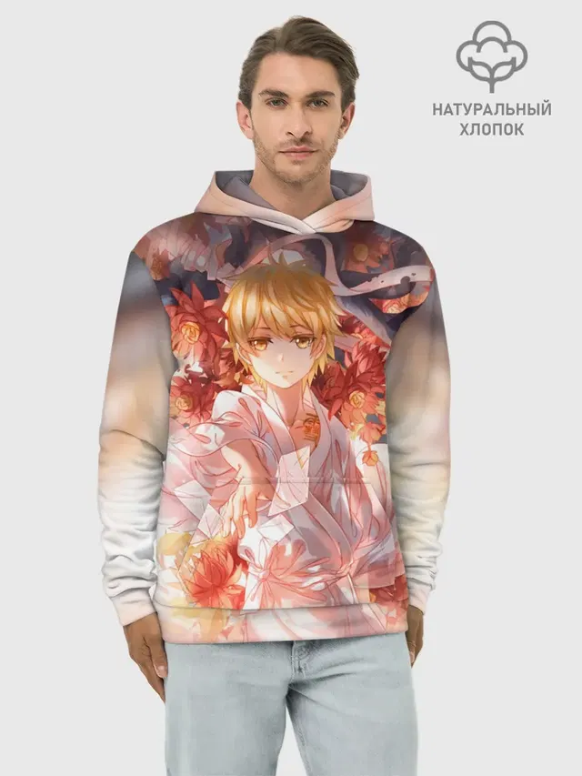 Худи мужской базовый хлопок с принтом «Yukine — БЕЗДОМНЫЙ БОГ. Юкинэ в цветах»