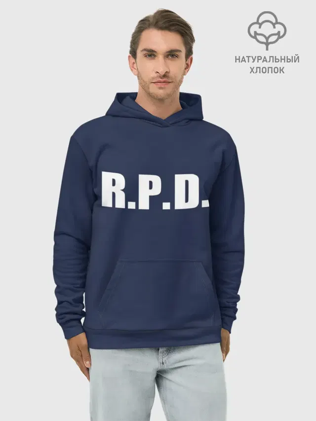 Худи мужской базовый хлопок с принтом «Raccoon Police Department — R.P.D. LEON S.KENNEDY»