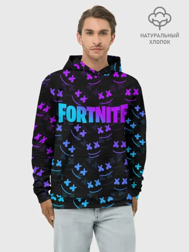 Худи мужской базовый хлопок с принтом «Фортнайт — FORTNITE MARSHMELLO NEON»