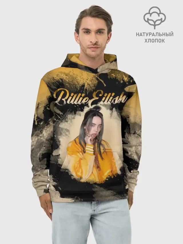 Худи мужской базовый хлопок с принтом «Billie Eilish — Billie Eilish Акварель»