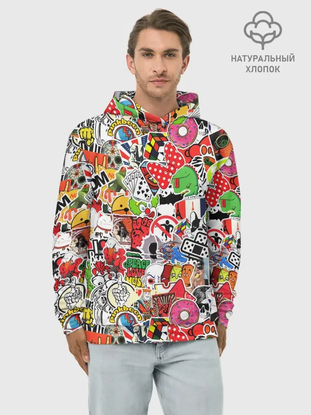 Худи мужской базовый хлопок с принтом «Кубик Рубика — Sticker Bombing»