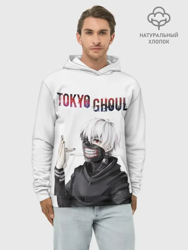 Худи мужской базовый хлопок с принтом «Токийский Гуль — Kaneki Ken в профиль»