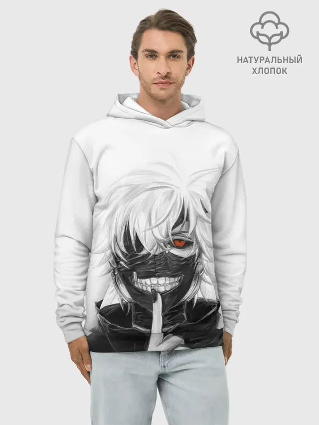 Худи мужской базовый хлопок с принтом «Токийский Гуль — Kaneki Ken в анфас»