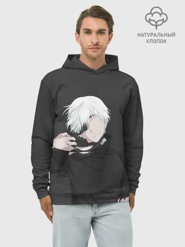 Худи мужской базовый хлопок с принтом «Токийский Гуль — Kaneki Ken снимает маску»