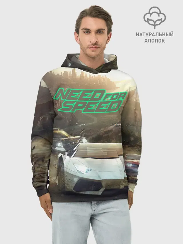 Худи мужской базовый хлопок с принтом «Lamborghini Aventador — Need for Speed»