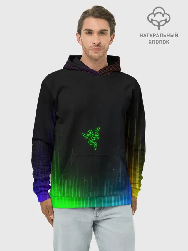 Худи мужской базовый хлопок с принтом «Razer Neon»