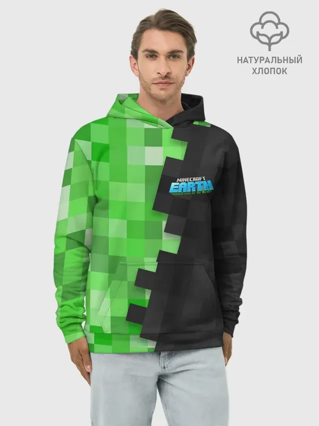 Худи мужской базовый хлопок с принтом «Майнкрафт — Minecraft EARTH»