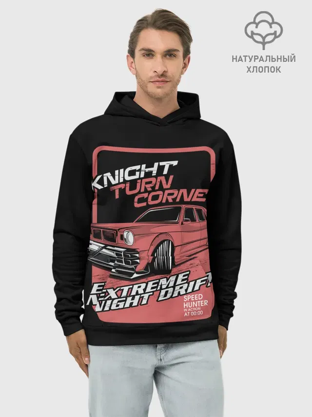 Худи мужской базовый хлопок с принтом «Разные автомобильные — Extreme night drift»