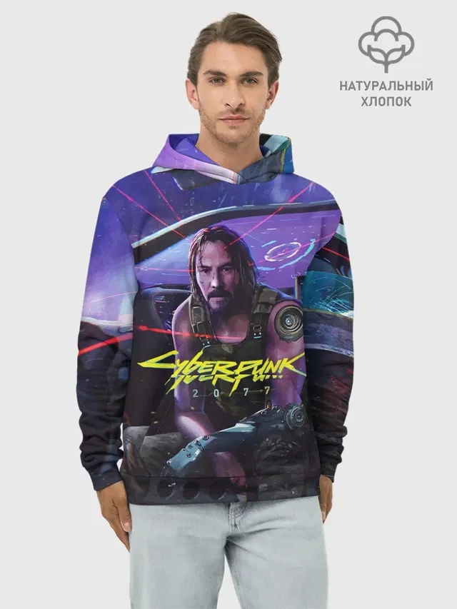 Худи мужской базовый хлопок с принтом «Cyberpunk 2077 — CYBERPUNK 2077 - КИАНУ»