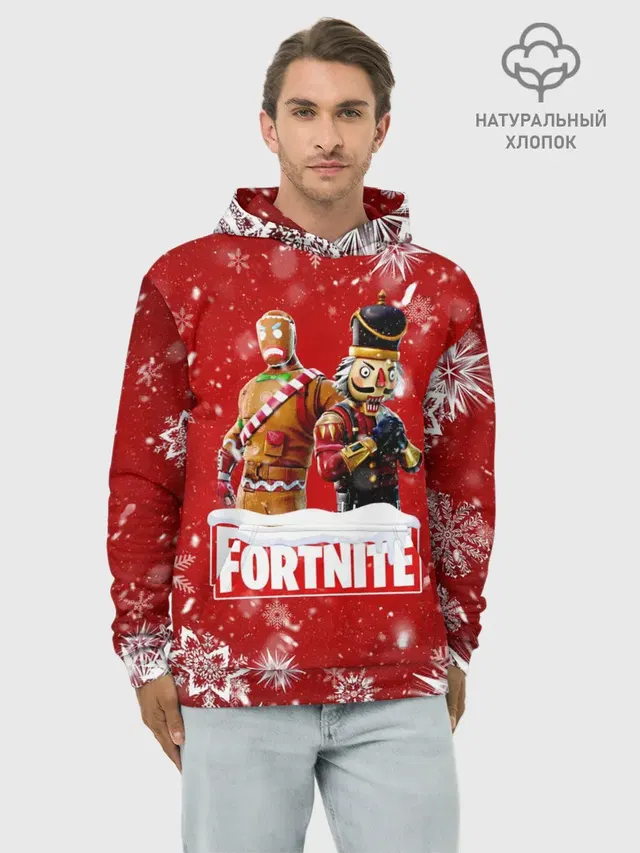 Худи мужской базовый хлопок с принтом «Фортнайт — Новогодний Fortnite»