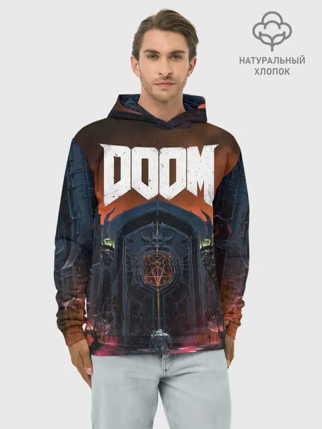 Худи мужской базовый хлопок с принтом «Дум — DOOM - Hellgate»