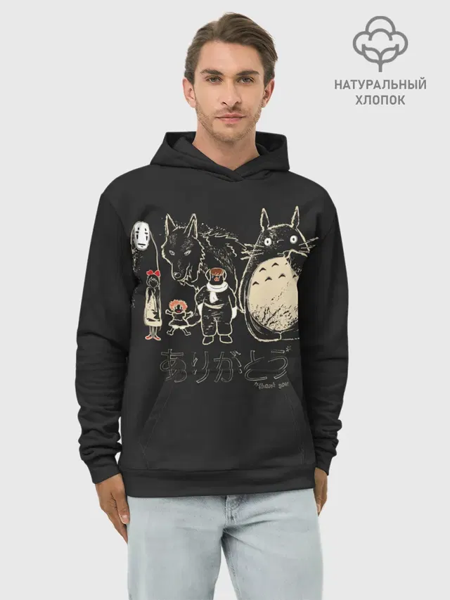 Худи мужской базовый хлопок с принтом «Studio Ghibli — My Neighbor Totoro группа на черном»