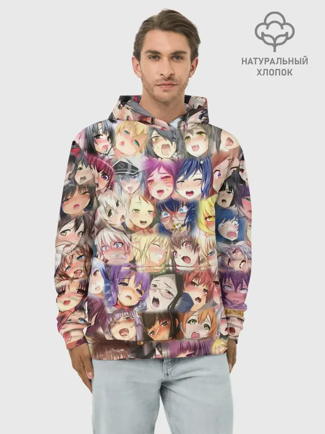 Худи мужской базовый хлопок с принтом «Ahegao — MANY FACES OF AHEGAO! color»