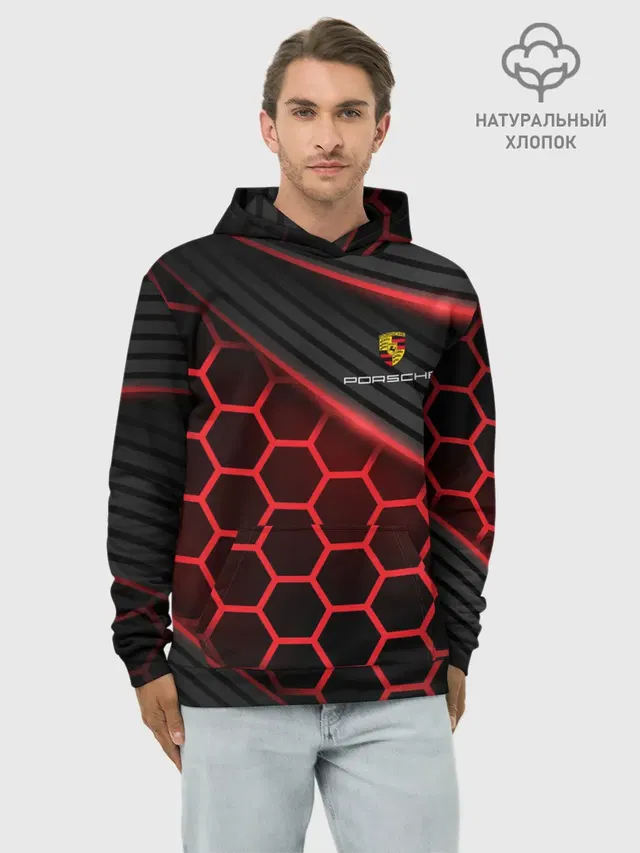 Худи мужской базовый хлопок с принтом «Hexagon — ПОРШЕ»