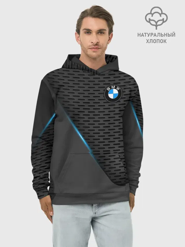Худи мужской базовый хлопок с принтом «BMW — BMW TEXTURA — БМВ ТЕКСТУРА»