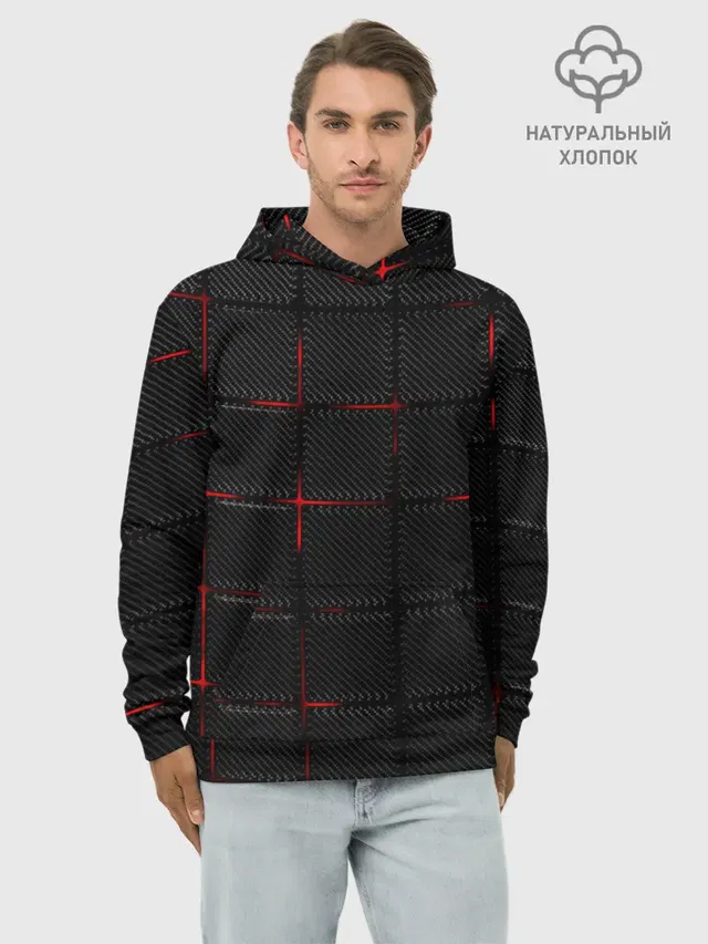 Худи мужской базовый хлопок с принтом «3D Плиты Red & — 3D Плиты Red & Black»