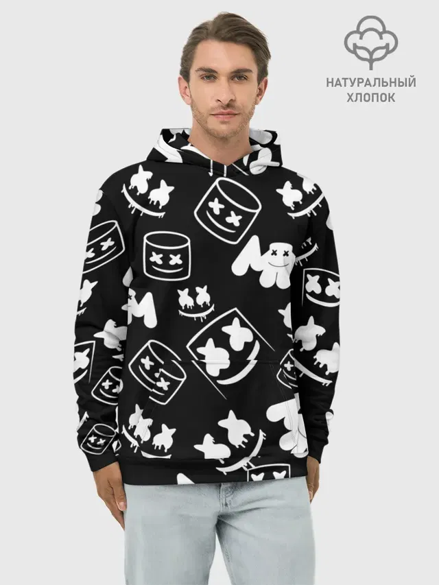Худи мужской базовый хлопок с принтом «Marshmello — Marshmello ЧБ»