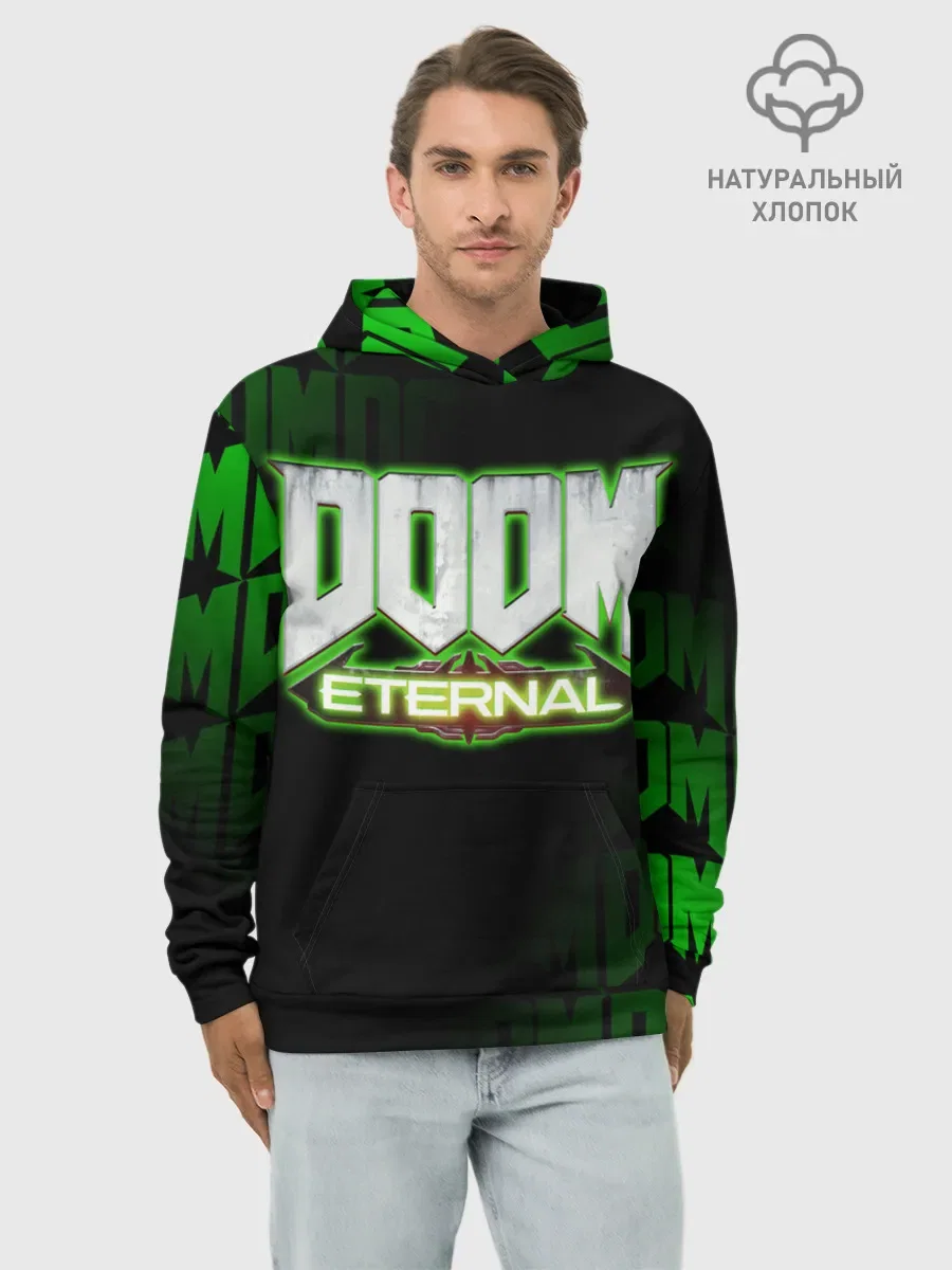 Худи мужской базовый хлопок с принтом «DOOM: ETERNAL.», вид спереди