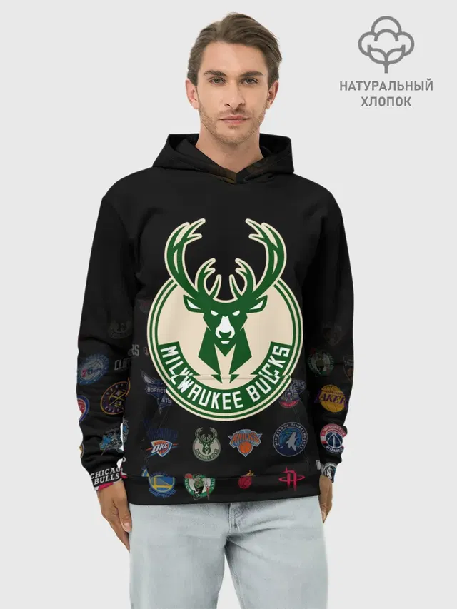 Худи мужской базовый хлопок с принтом «НБА — Milwaukee Bucks»