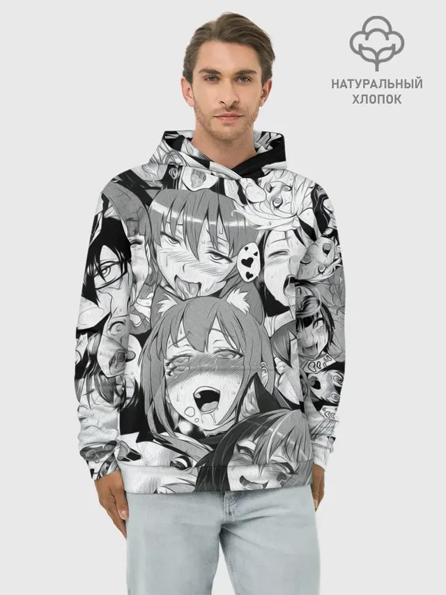 Худи мужской базовый хлопок с принтом «Ahegao — AHEGAO monochrome»