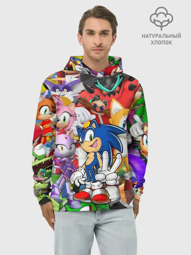 Худи мужской базовый хлопок с принтом «Соник — Sonic ПЕРСОНАЖИ»