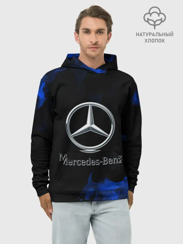 Худи мужской базовый хлопок с принтом «blue fire — mercedes»