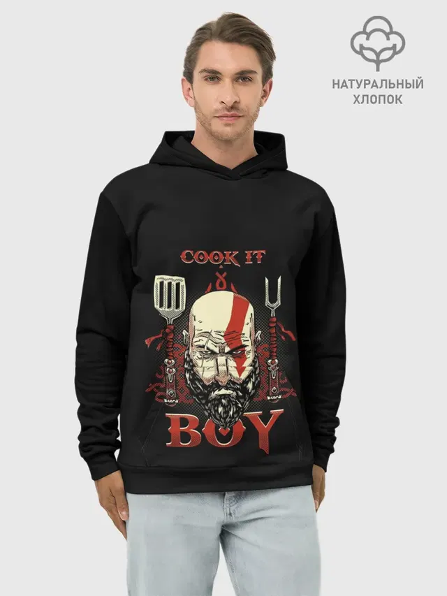 Худи мужской базовый хлопок с принтом «God of war — God of War. Cook it Boy»