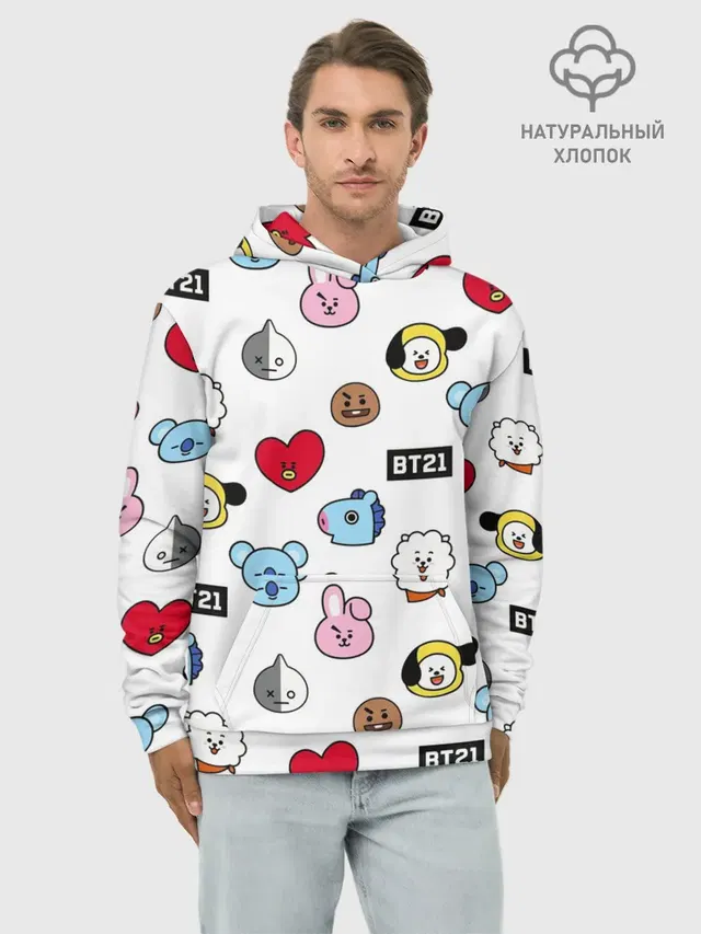 Худи мужской базовый хлопок с принтом «BTS — BANGTAN BOYS — BT21»