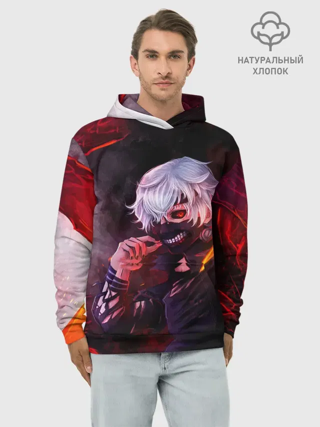 Худи мужской базовый хлопок с принтом «Токийский Гуль — Ken Kaneki красные жала»