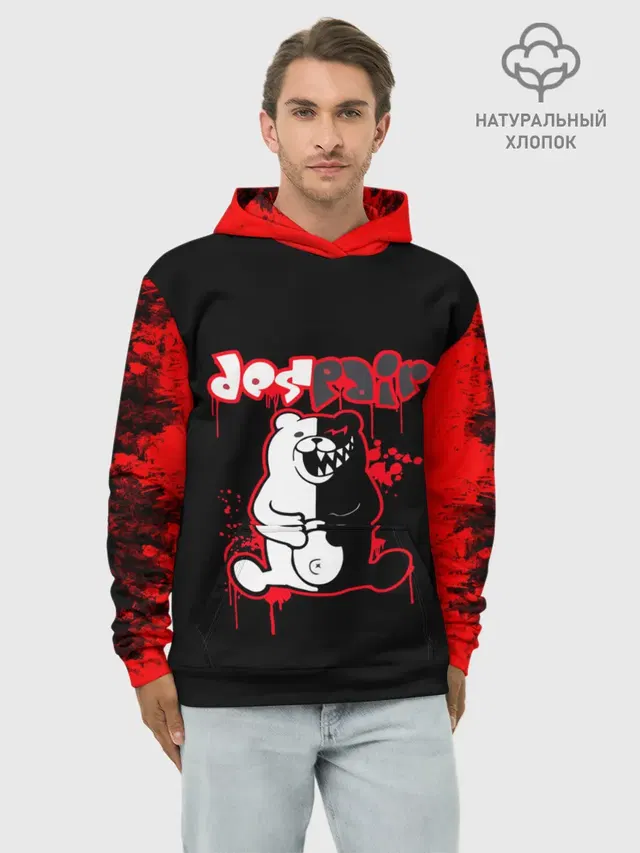 Худи мужской базовый хлопок с принтом «monokuma красные потертости»