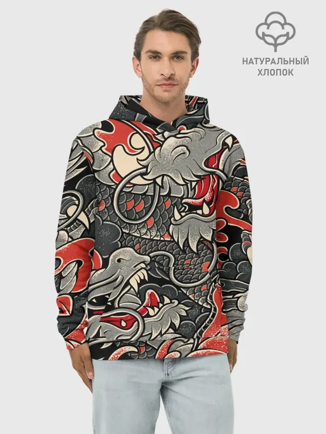 Худи мужской базовый хлопок с принтом «Популярные — Dsquared tatoo DRAGON»