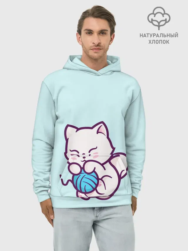 Белый котенок с клубком милый
