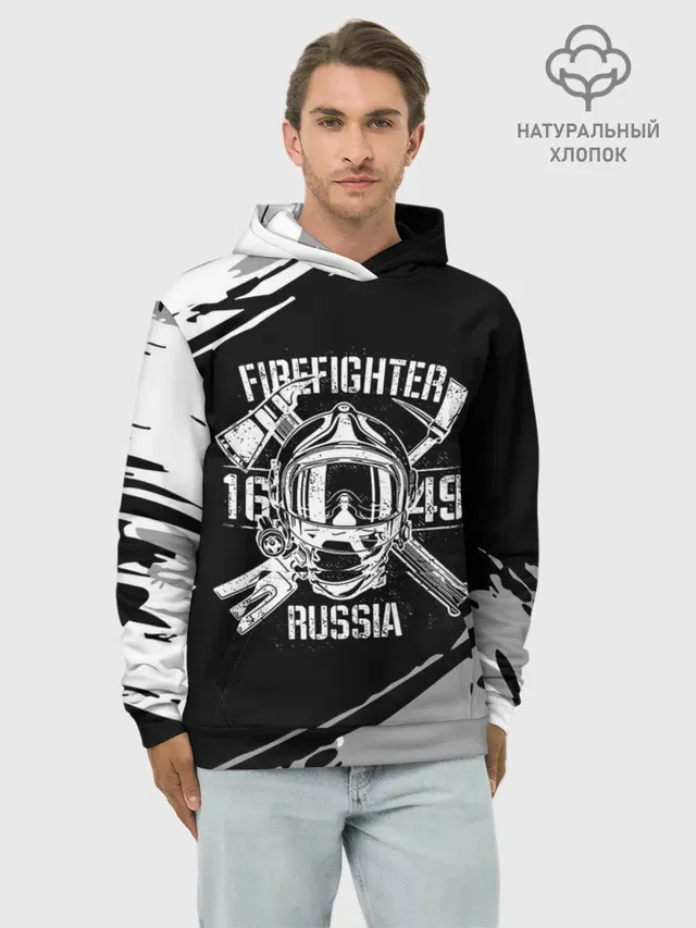 Худи мужской базовый хлопок с принтом «МЧС — FIREFIGHTER 1649 RUSSIA»