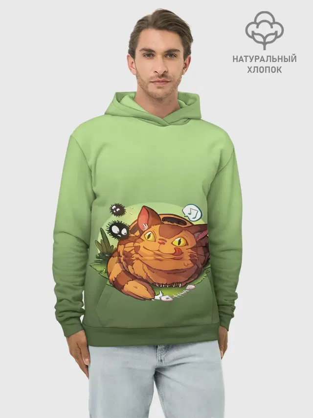 Худи мужской базовый хлопок с принтом «Студия GHIBLI — Catbus Studio Ghibli Котобус»