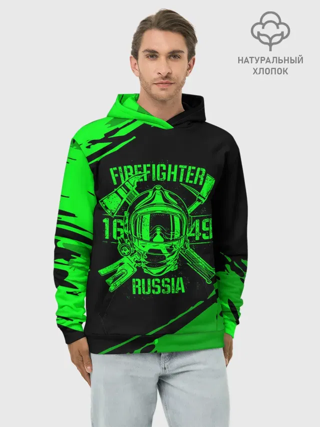 Худи мужской базовый хлопок с принтом «МЧС — FIREFIGHTER 1649 RUSSIA»