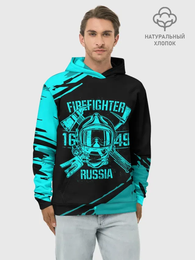 Худи мужской базовый хлопок с принтом «МЧС — FIREFIGHTER 1649 RUSSIA»