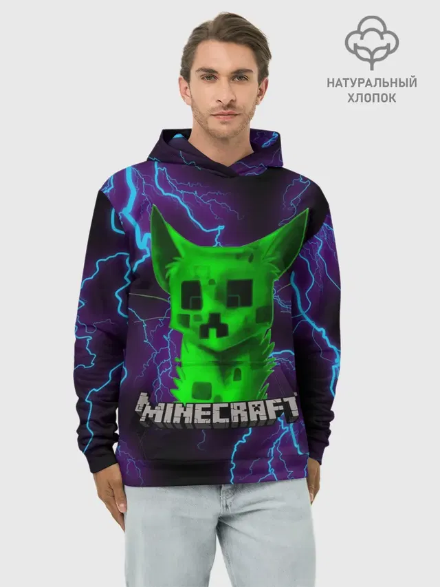 Худи мужской базовый хлопок с принтом «Майнкрафт — MINECRAFT CREEPER CAT»