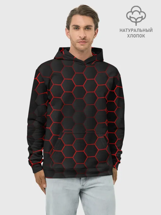 Худи мужской базовый хлопок с принтом «3D black & — 3D black & red»