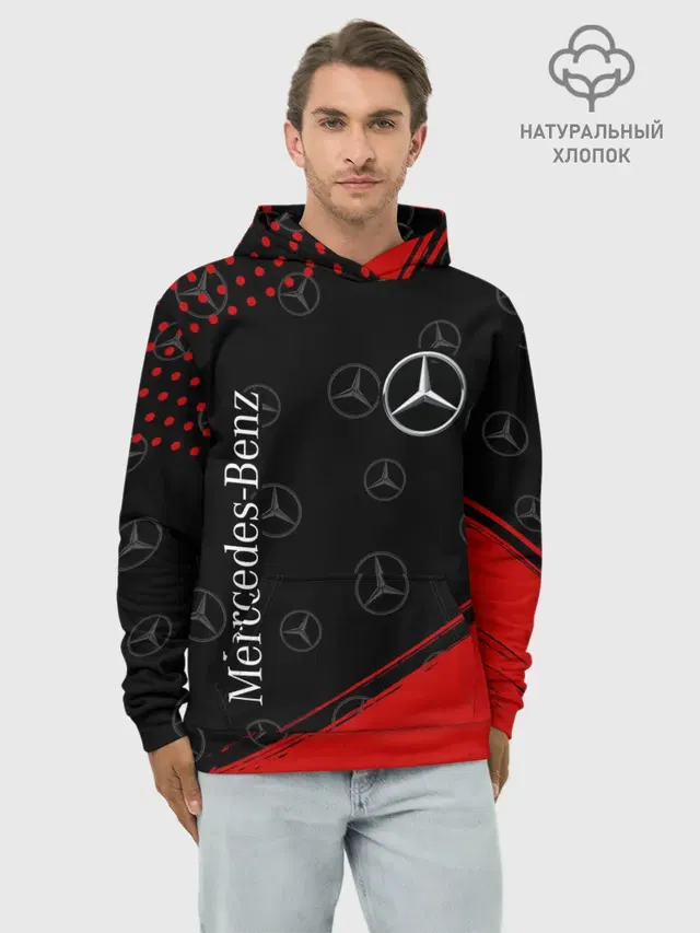 Худи мужской базовый хлопок с принтом «Logo — MERCEDES — МЕРСЕДЕС»