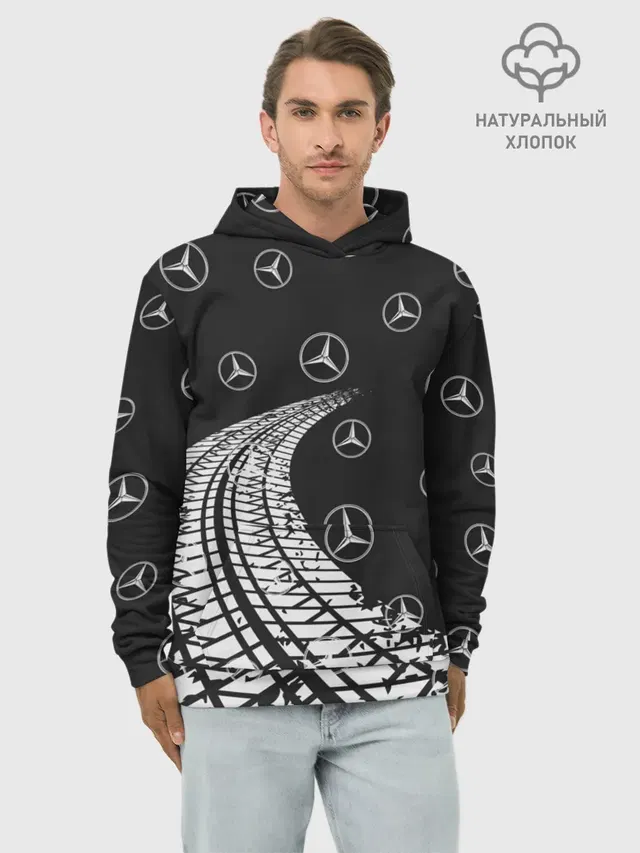 Худи мужской базовый хлопок с принтом «Tyre marks — MERCEDES — МЕРСЕДЕС»