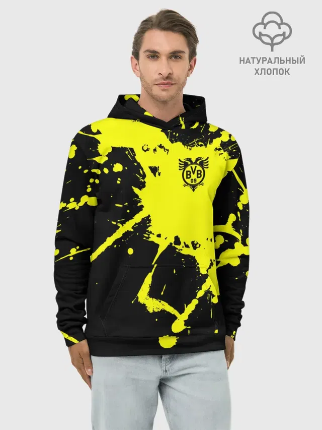 Худи мужской базовый хлопок с принтом «Paint splatter — FC Borussia»