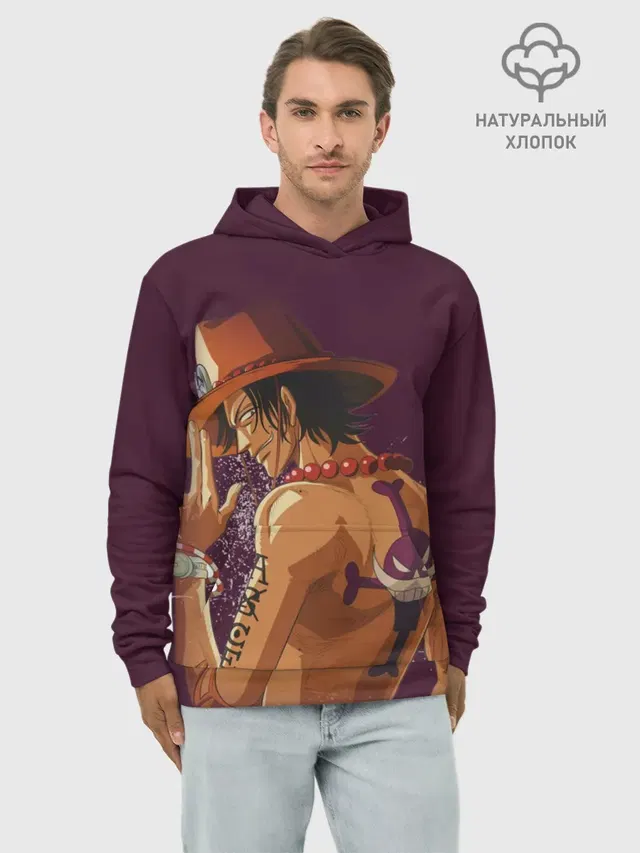 Худи мужской базовый хлопок с принтом «Ван Пис — One Piece. Портгас Д. Эйс»