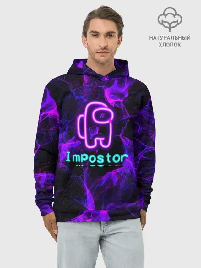 Худи мужской базовый хлопок с принтом «Амонг Ас — Impostor NEON»