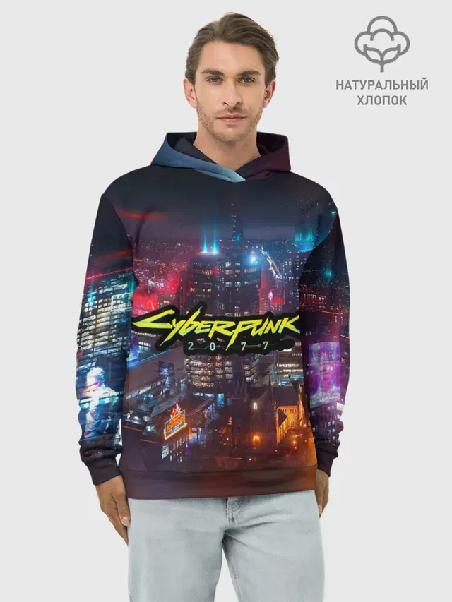 Худи мужской базовый хлопок с принтом «Cyberpunk 2077 — Найт сити»